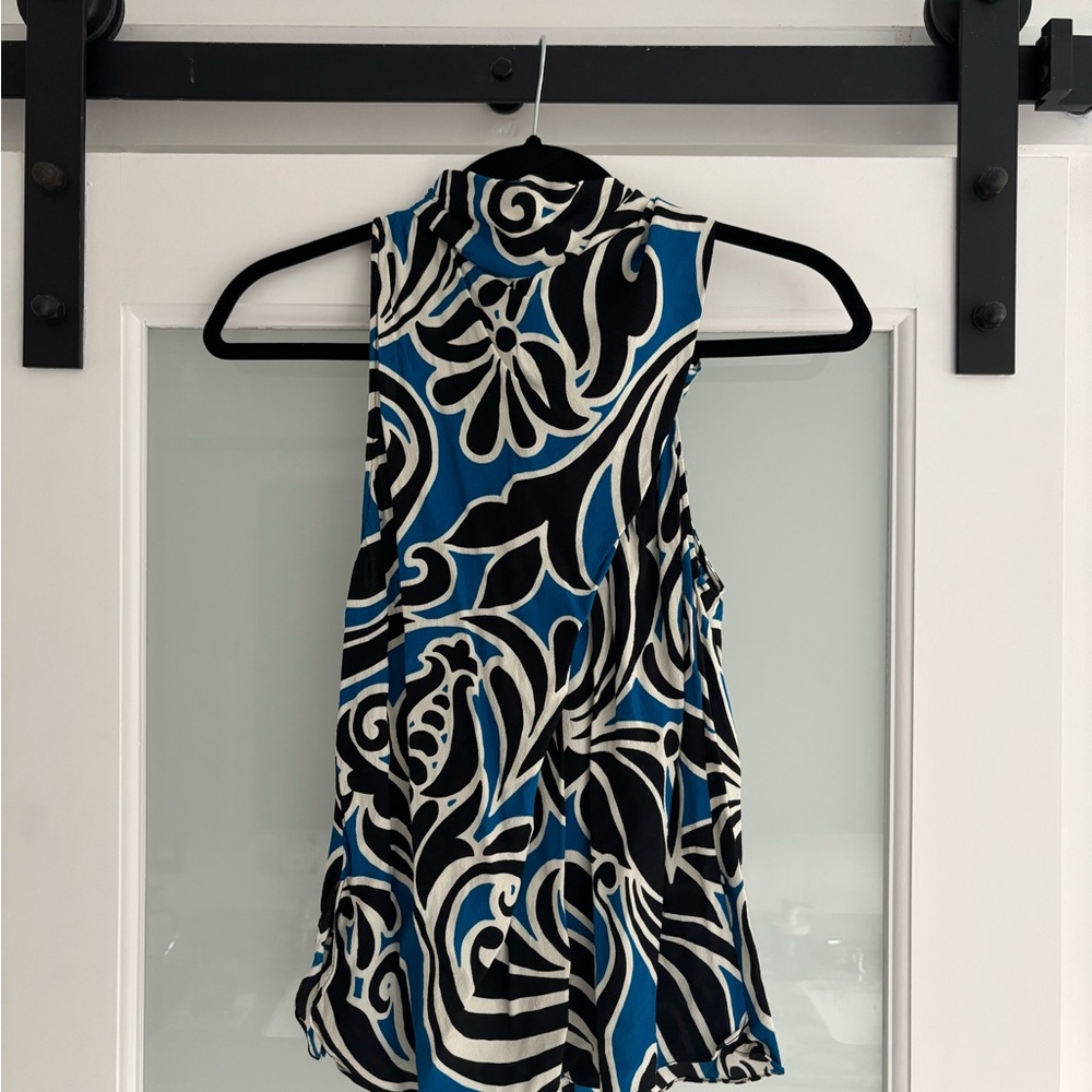 Zara Blue and Black Patterned Sleeveless Blouse